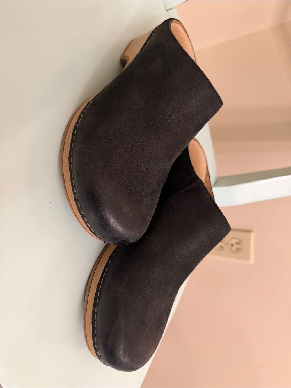 Dansko Black Leather Mule Clogs with Faux Wood Sole